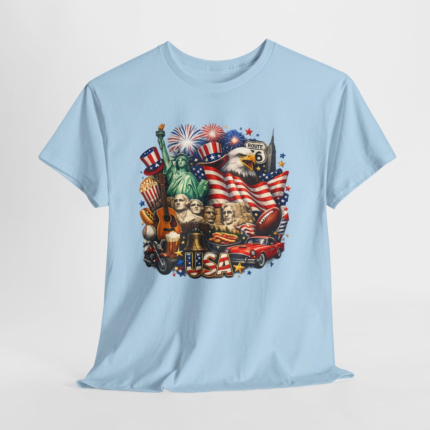 Patriotic USA Graphic Tee – American Flag, Statue of Liberty & Fireworks T-Shirt