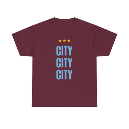 Manchester City City City Tee — Minimal Skyline Graphic T‑Shirt with Three Stars