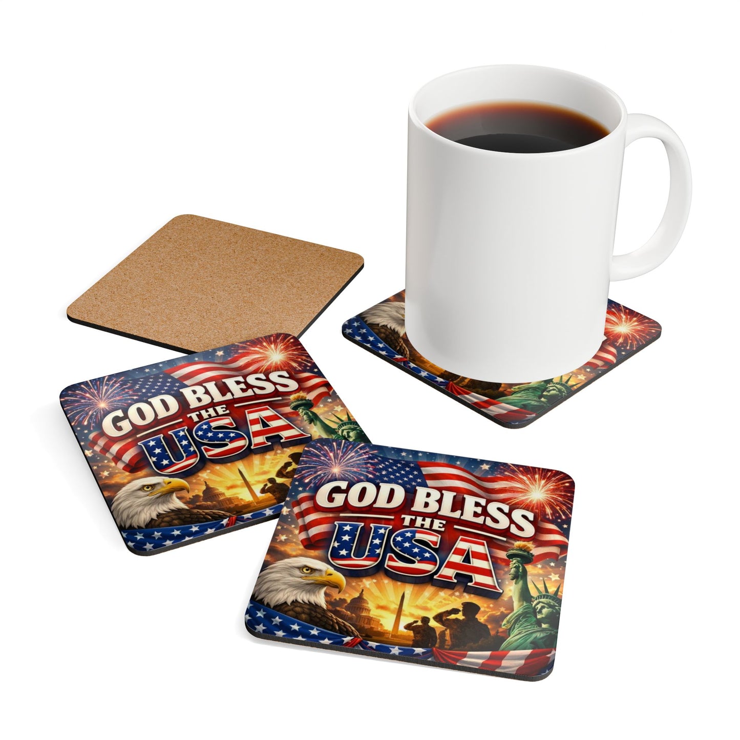 God Bless the USA Corkwood Coaster Set – Patriotic American Flag Eagle Statue of Liberty Design
