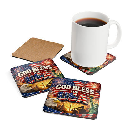 God Bless the USA Corkwood Coaster Set – Patriotic American Flag Eagle Statue of Liberty Design