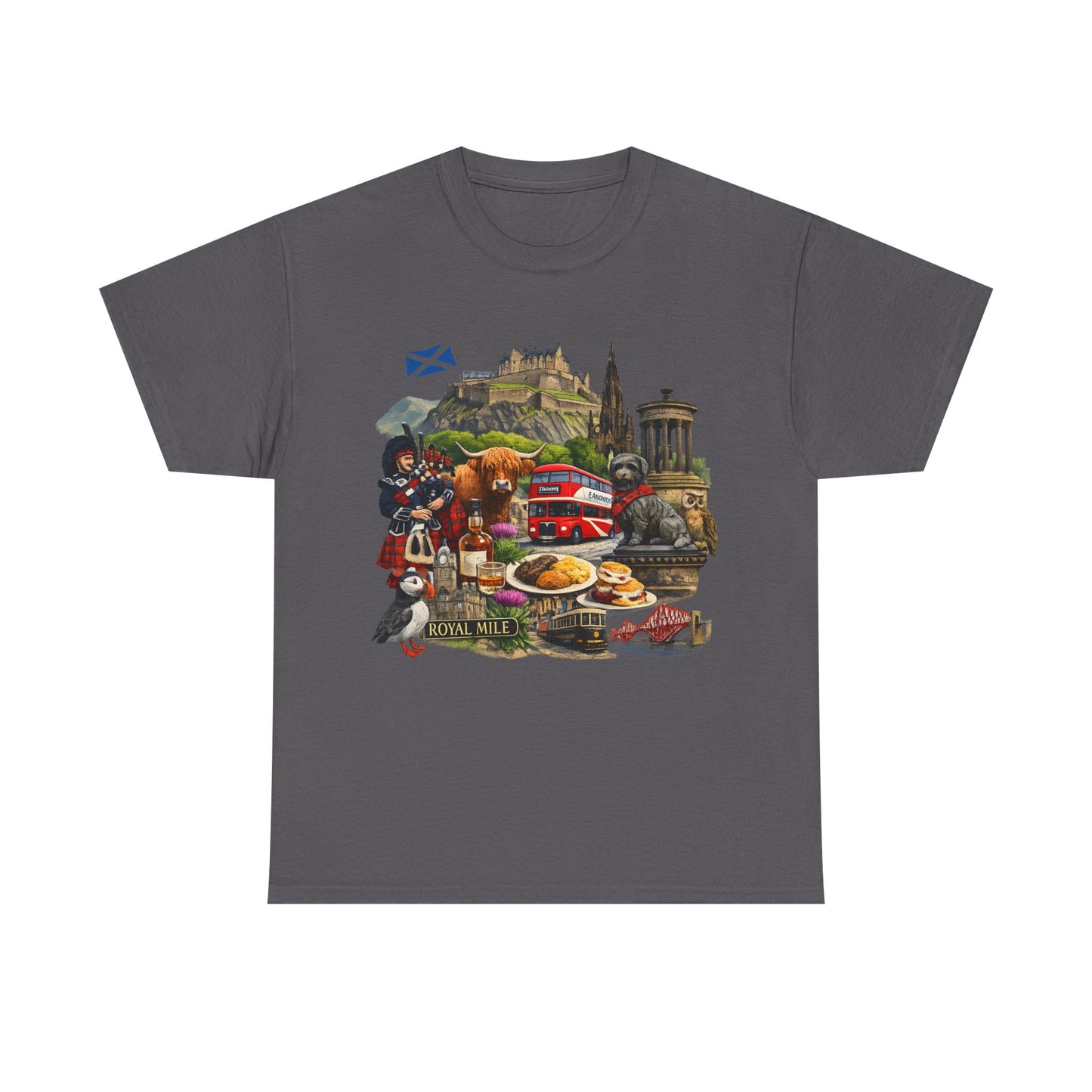Scotland / Edinburgh Travel Collage T-Shirt — Edinburgh Castle, Bagpipes & Local Icons