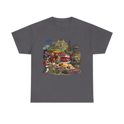 Scotland / Edinburgh Travel Collage T-Shirt — Edinburgh Castle, Bagpipes & Local Icons