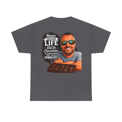 T-Shirt — "Mama Always Said Life Is Like A Box Of Chocolates" Graphic Tee (Funny Retro Portrait)