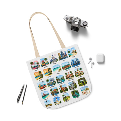 Florida City Landmark Collage Canvas Tote Bag — Vintage Travel Icons Print