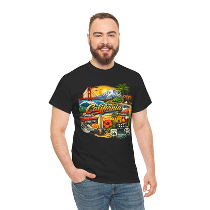 California Vintage Travel T-Shirt — Golden Gate, Palm Trees & Route 66 Tee