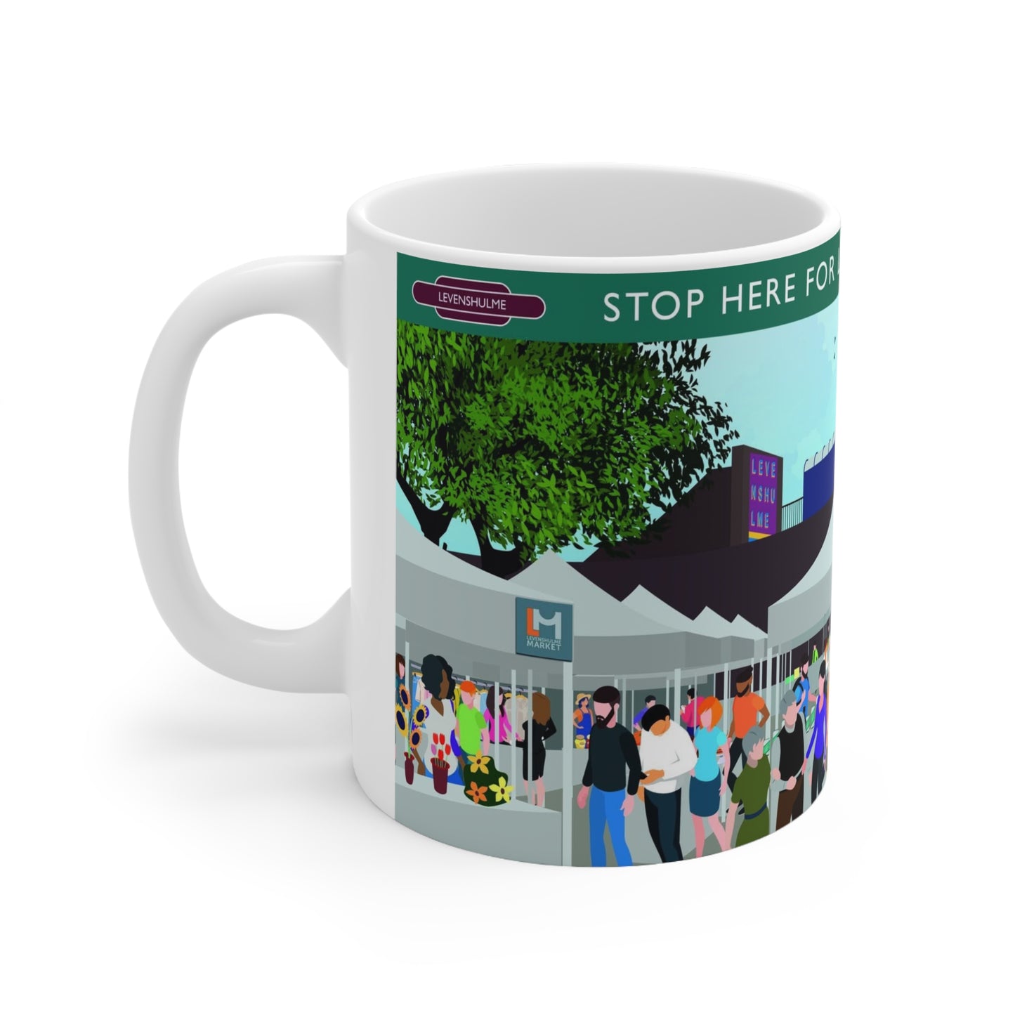 Levenshulme Market Ceramic Coffee Mug – 11oz & 15oz Illustrated Market Scene