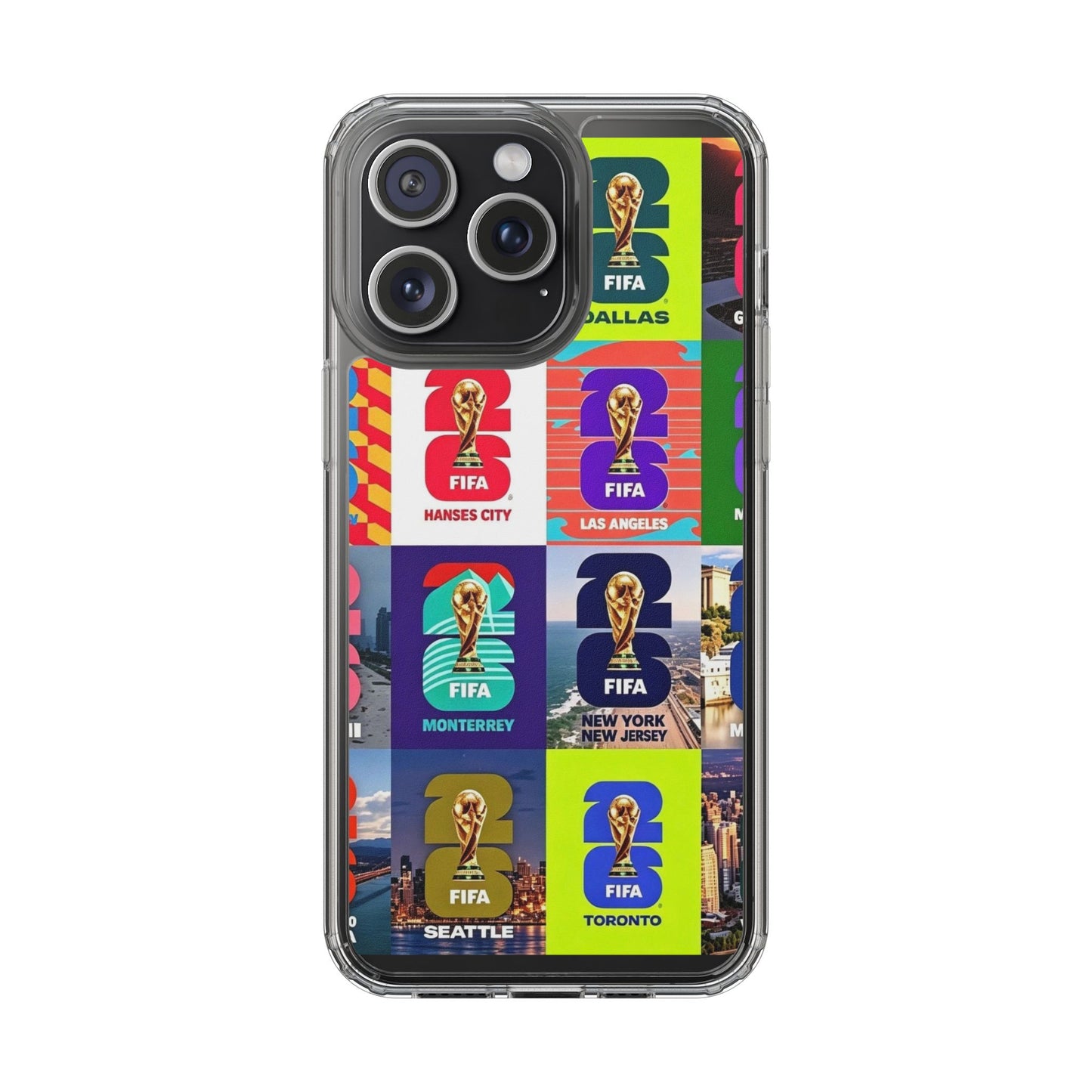FIFA World Cup Pop Art Clear Phone Case — City Badge Collage (Dallas, LA, Monterrey, Toronto, Seattle)