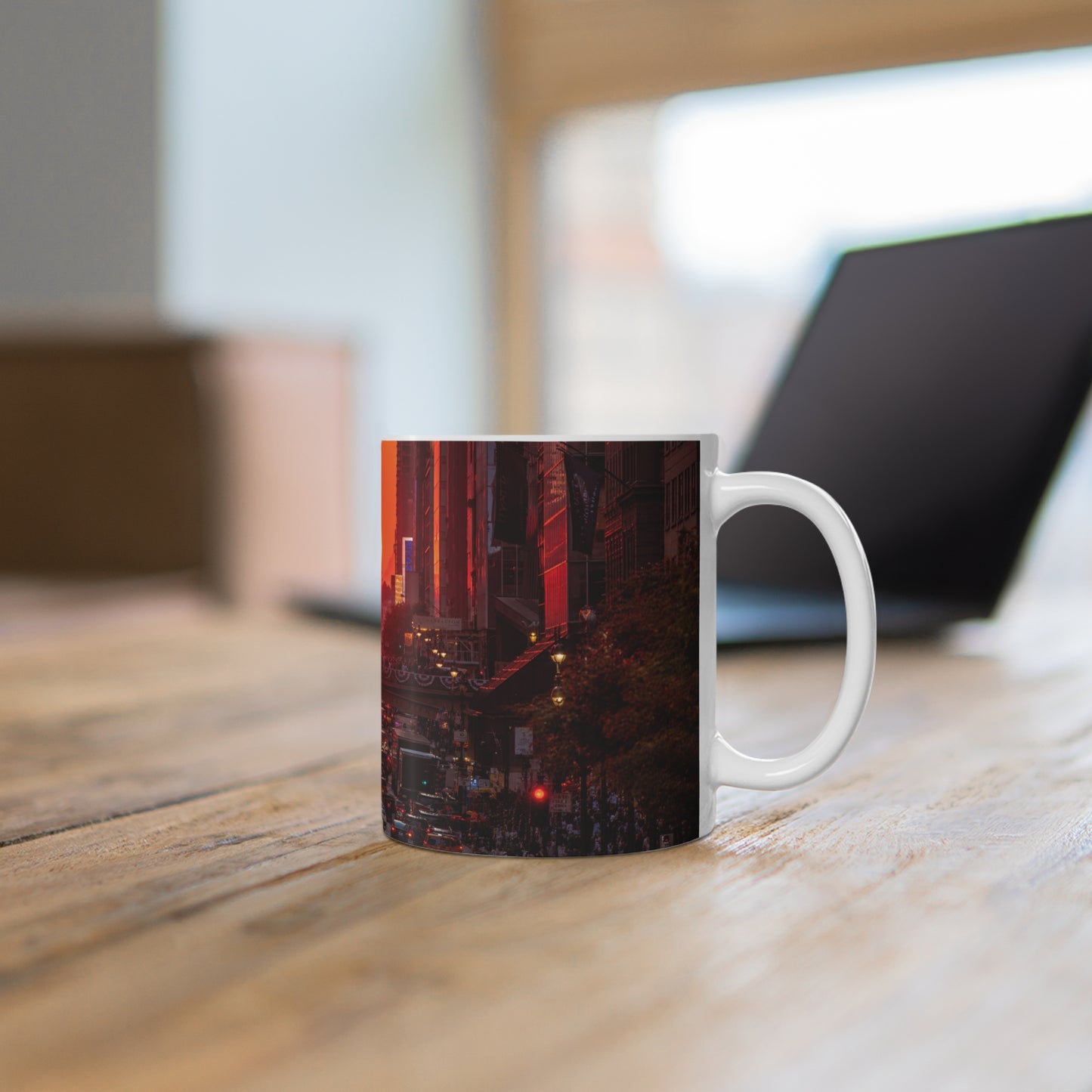 New York City Sunset Traffic Ceramic Coffee Mug — Urban Evening Skyline, 11oz & 15oz