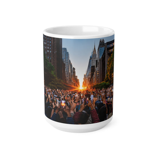 New York City Manhattanhenge Sunset Photo Mug — NYC Skyline Crowd Ceramic Coffee Cup (11oz/15oz)