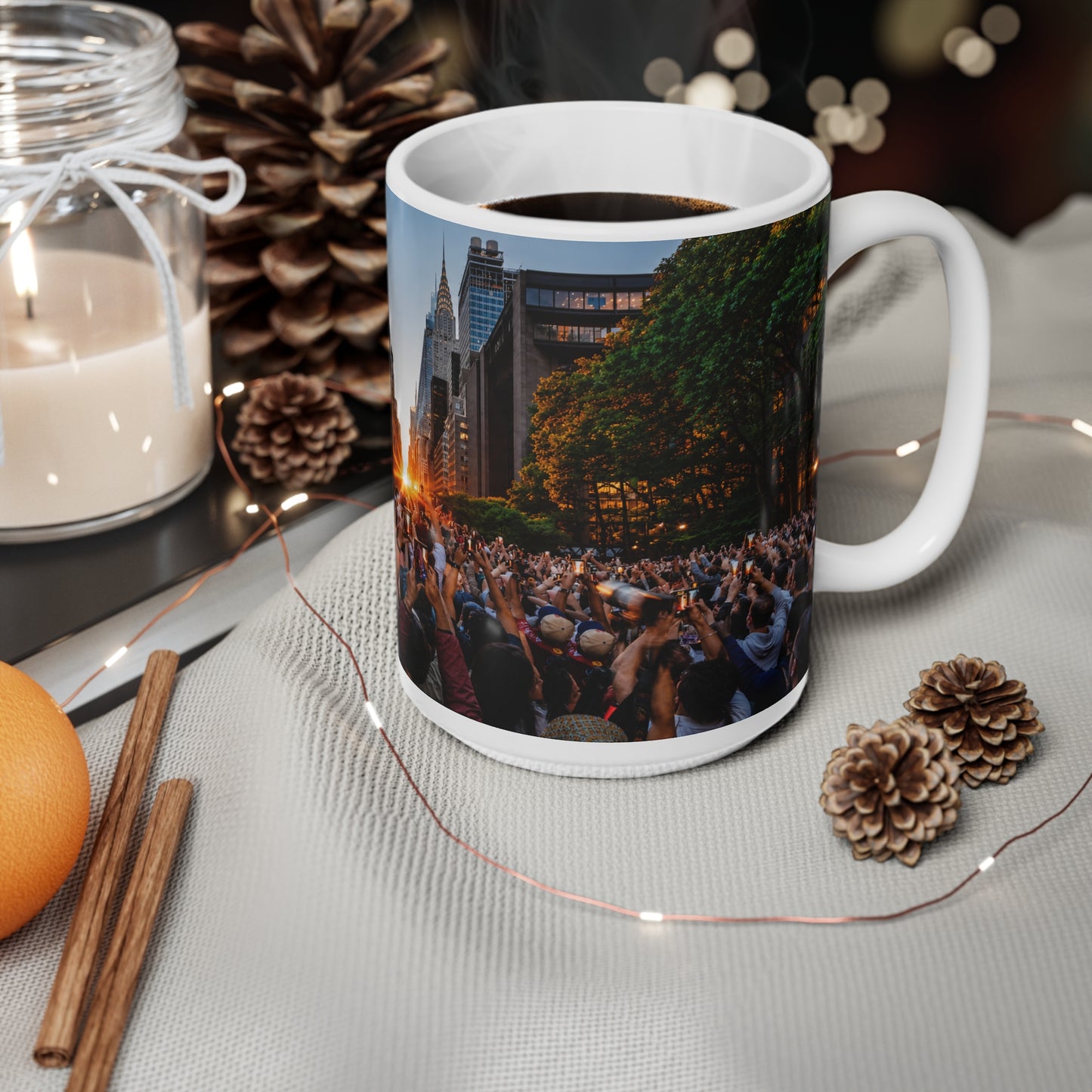 New York City Manhattanhenge Sunset Photo Mug — NYC Skyline Crowd Ceramic Coffee Cup (11oz/15oz)