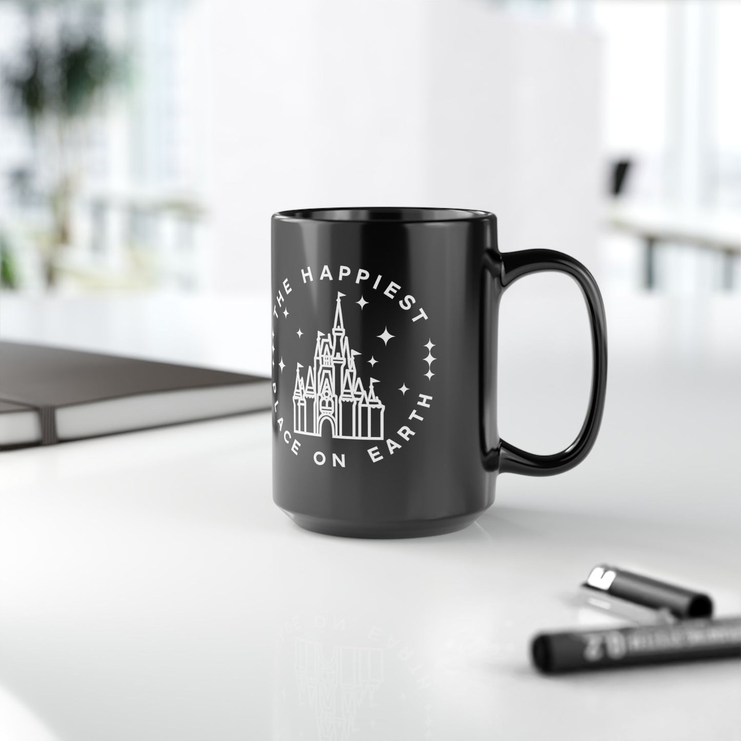 Black Castle Mug — "The Happiest Place on Earth" Ceramic Coffee Cup (11oz/15oz)