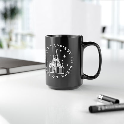 Black Castle Mug — "The Happiest Place on Earth" Ceramic Coffee Cup (11oz/15oz)