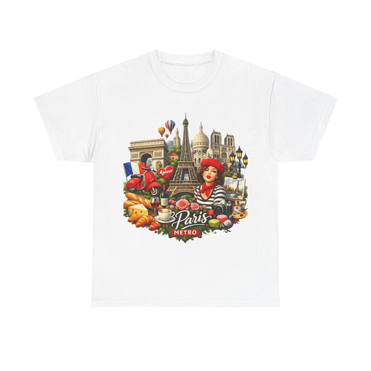 Paris Montage Tee — Eiffel Tower, Croissant & Metro Vintage Travel T‑Shirt