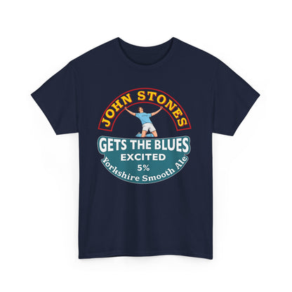 John Stones T-Shirt — "Gets The Blues Excited" Retro Ale Parody Tee