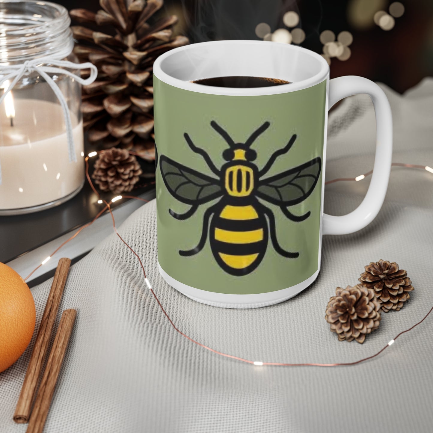 Manchester Bee Pattern Ceramic Mug — Green Bee Coffee Cup (11oz & 15oz)