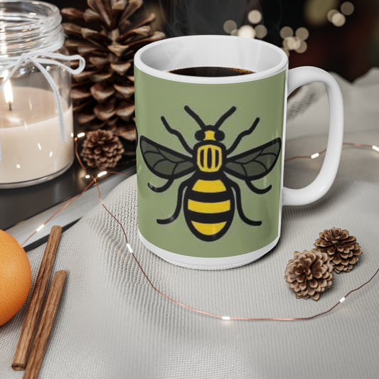 Manchester Bee Pattern Ceramic Mug — Green Bee Coffee Cup (11oz & 15oz)
