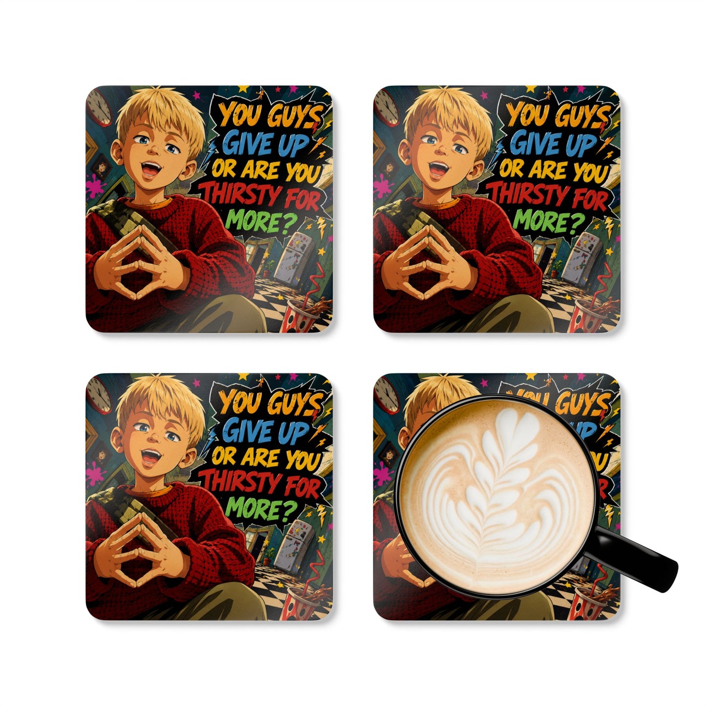 Home Alone Inspired Anime Quote Corkwood Coaster Set — "You Guys Give Up or Are You Thirsty for More?"