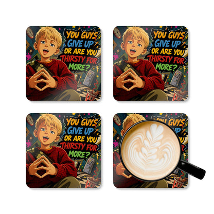 Home Alone Inspired Anime Quote Corkwood Coaster Set — "You Guys Give Up or Are You Thirsty for More?"