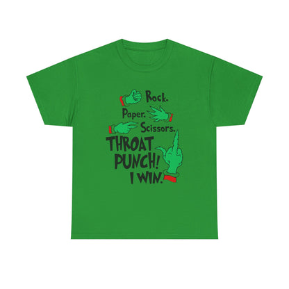 Funny Holiday Tee — "Rock. Paper. Scissors. Throat Punch! I Win" Graphic T-Shirt