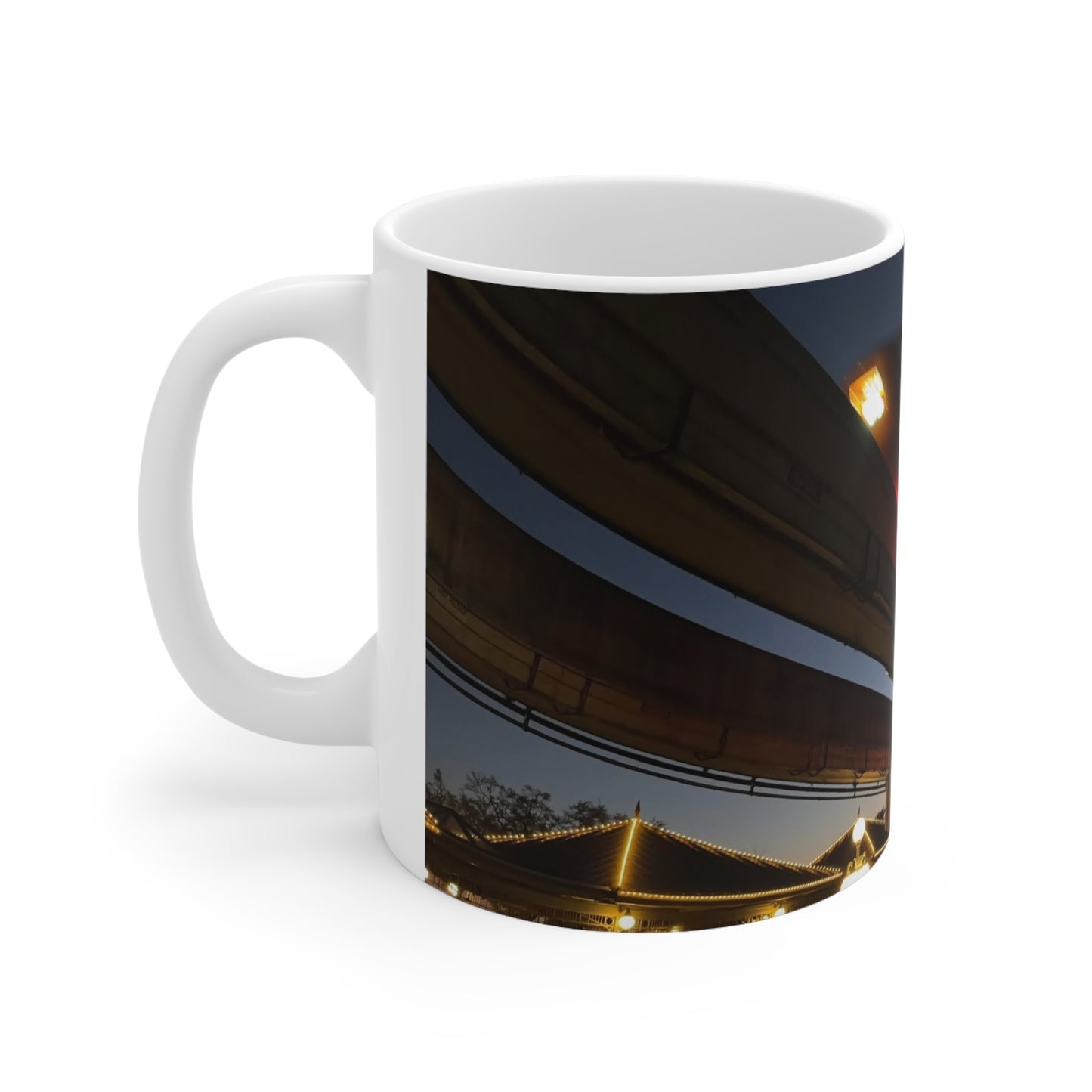 WDW Monorail Nightscape Ceramic Mug — Modern Curved Building Photo (11oz & 15oz)
