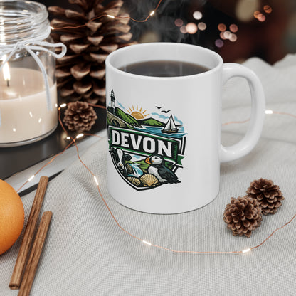 Devon Scenic Mug — Coastal Lighthouse, Puffin & Cow Ceramic Coffee Cup (11oz & 15oz)