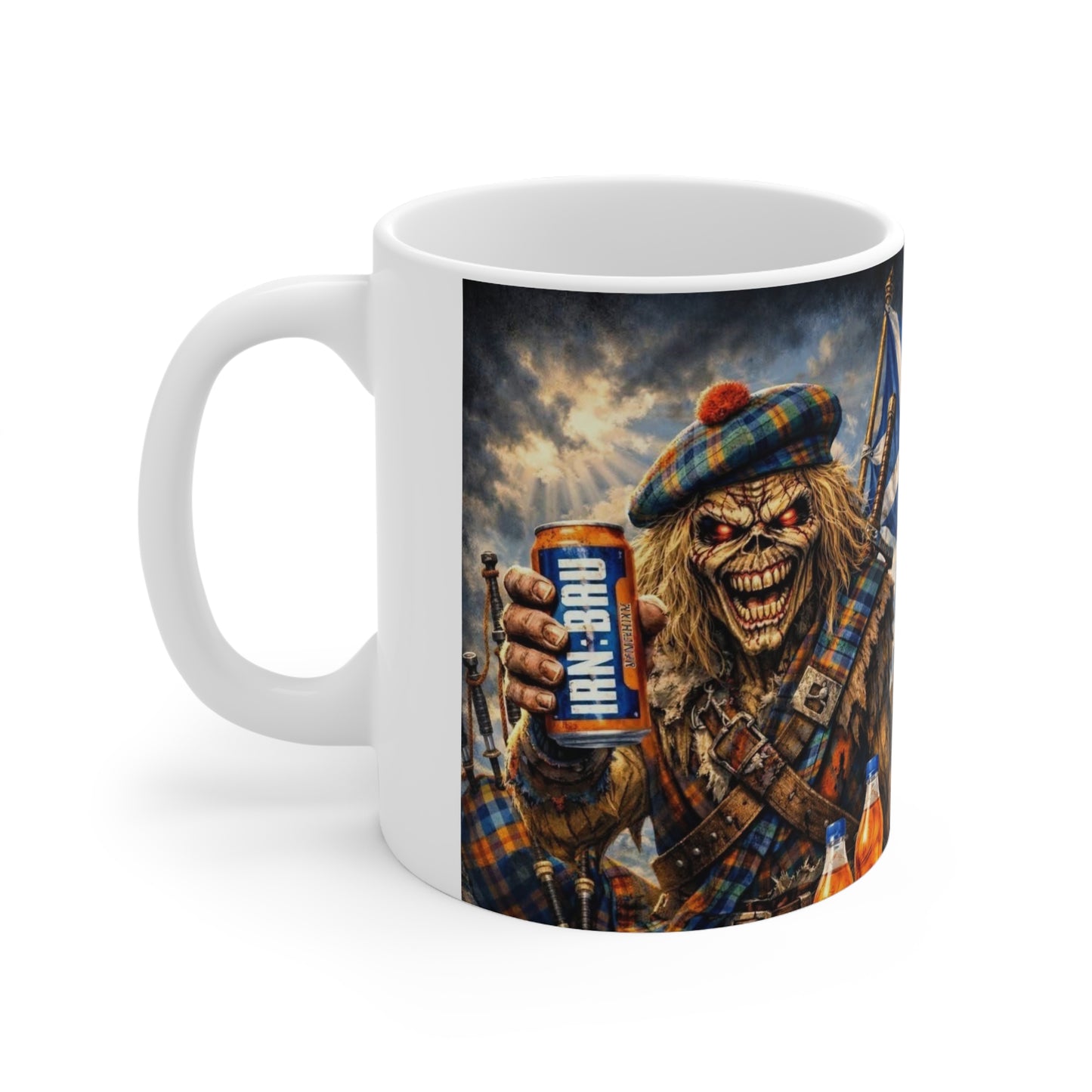 Scottish Heavy Metal Skull Mug — 'Iron-Bruh' Kilted Skeleton Coffee Cup (11oz & 15oz)