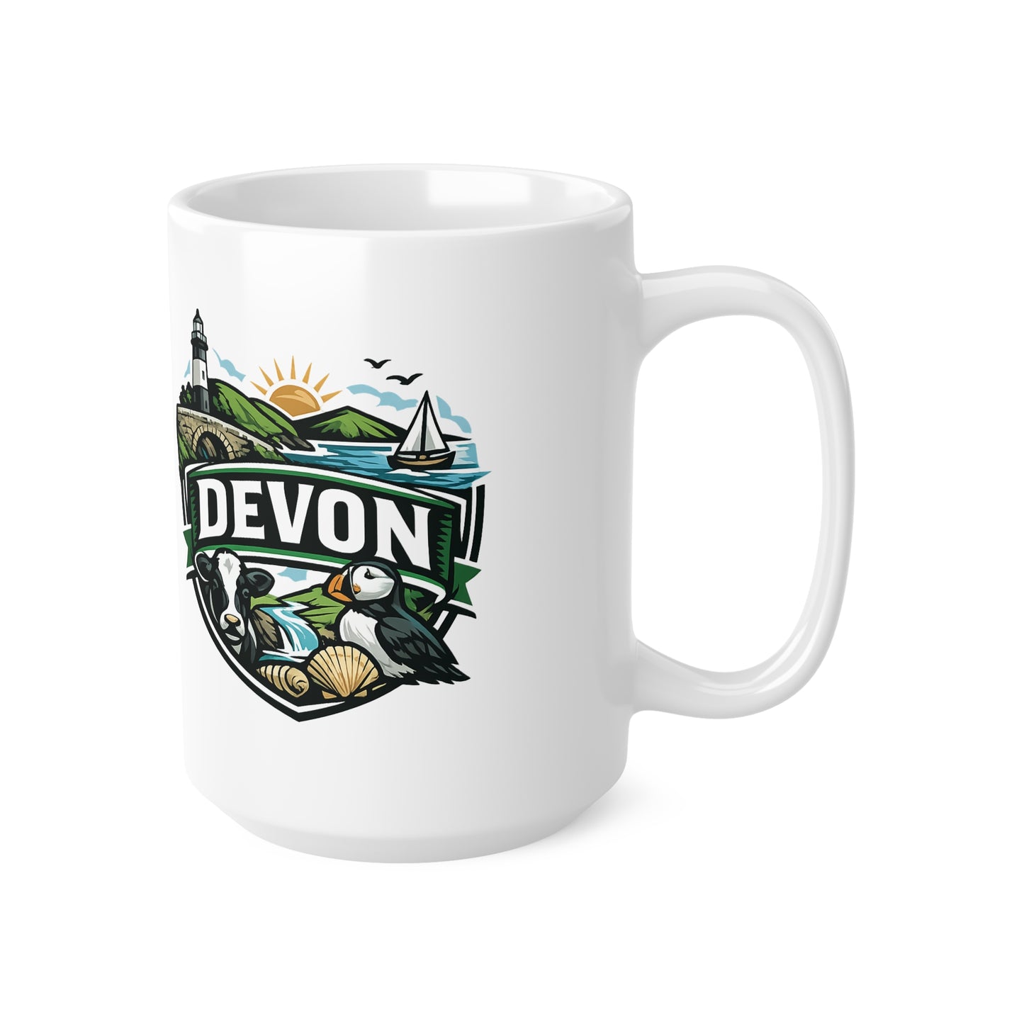 Devon Scenic Mug — Coastal Lighthouse, Puffin & Cow Ceramic Coffee Cup (11oz & 15oz)
