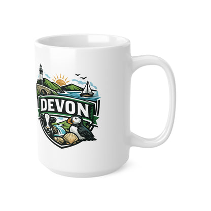 Devon Scenic Mug — Coastal Lighthouse, Puffin & Cow Ceramic Coffee Cup (11oz & 15oz)