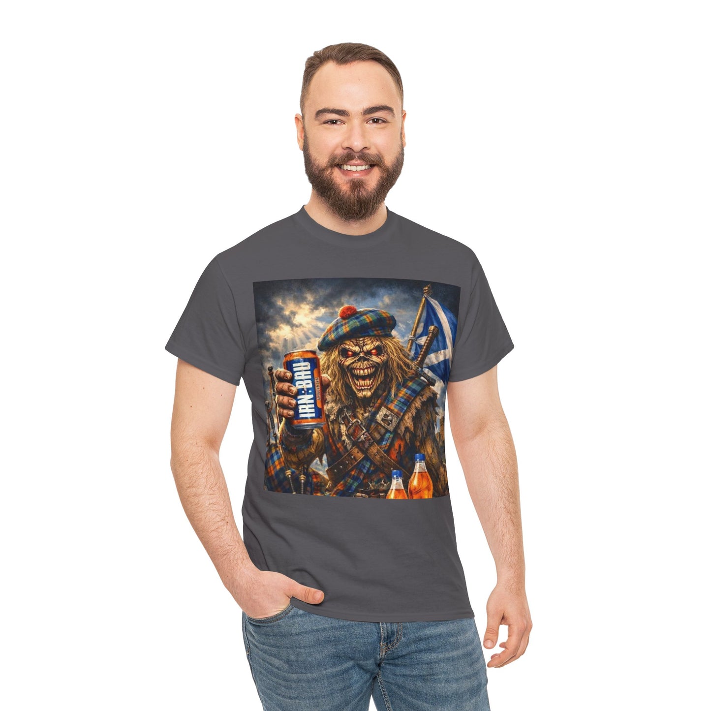 Scottish Rock Skull T‑Shirt — Eddie the Piper with Flag & Can Graphic Tee