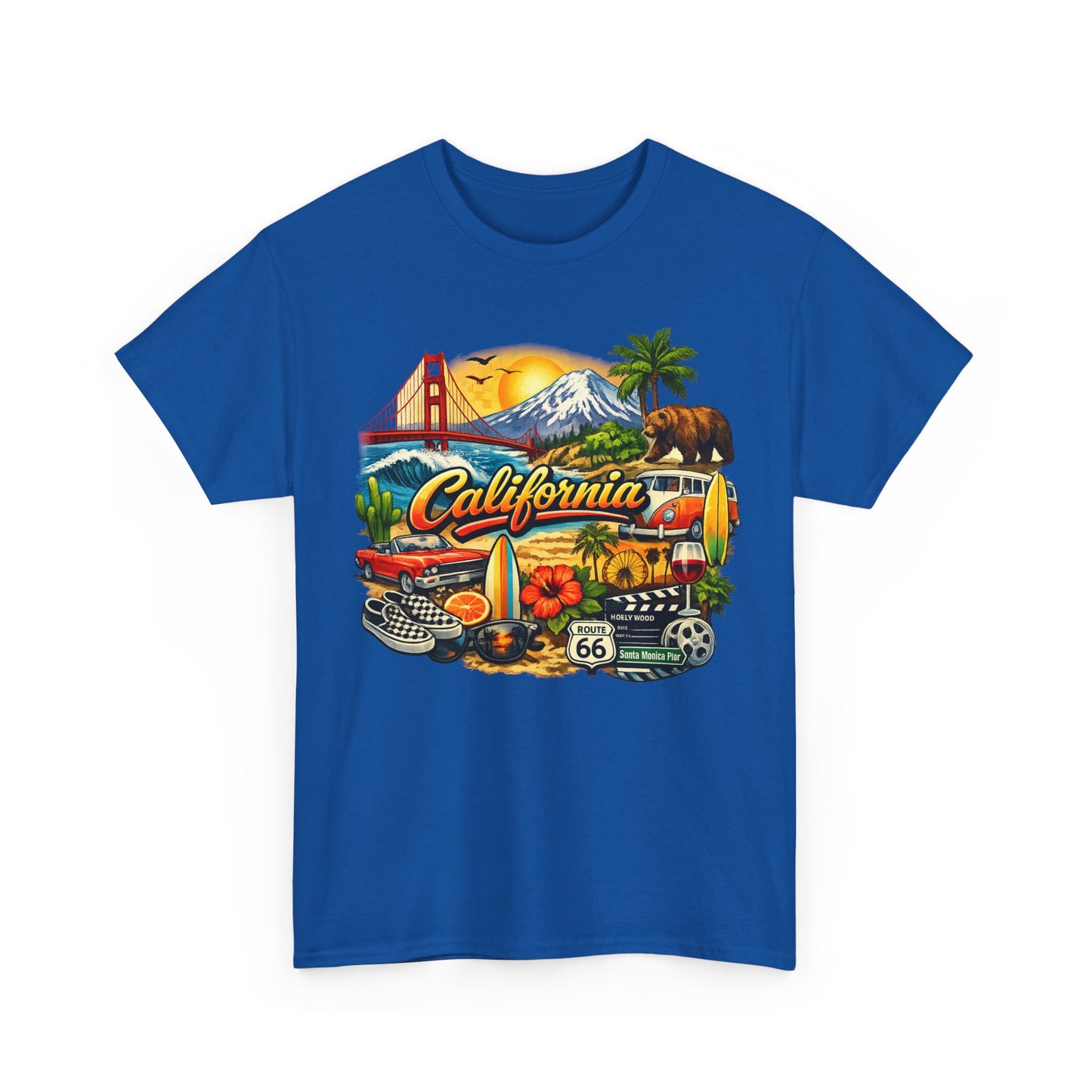 California Vintage Travel T-Shirt — Golden Gate, Palm Trees & Route 66 Tee