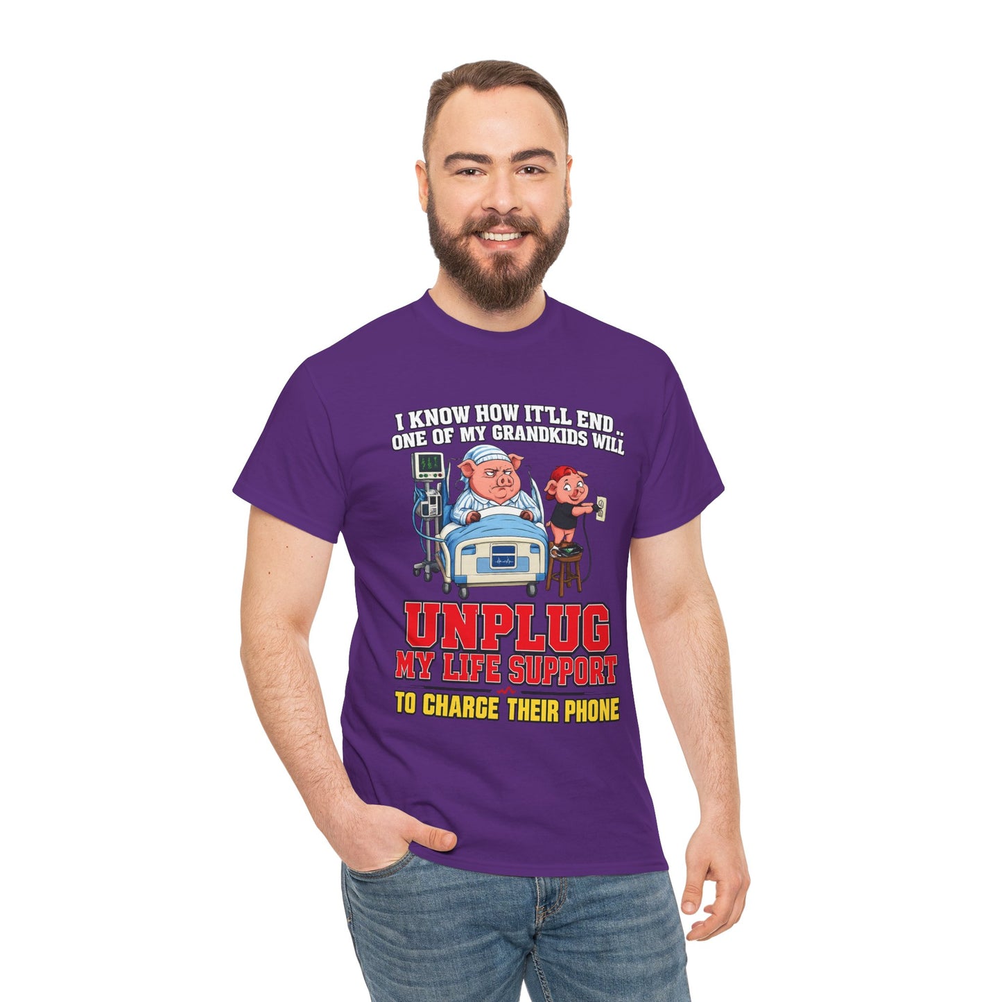 Funny Grandpa T-Shirt - "Unplug My Life Support to Charge Their Phone" Grandpa Humor Tee
