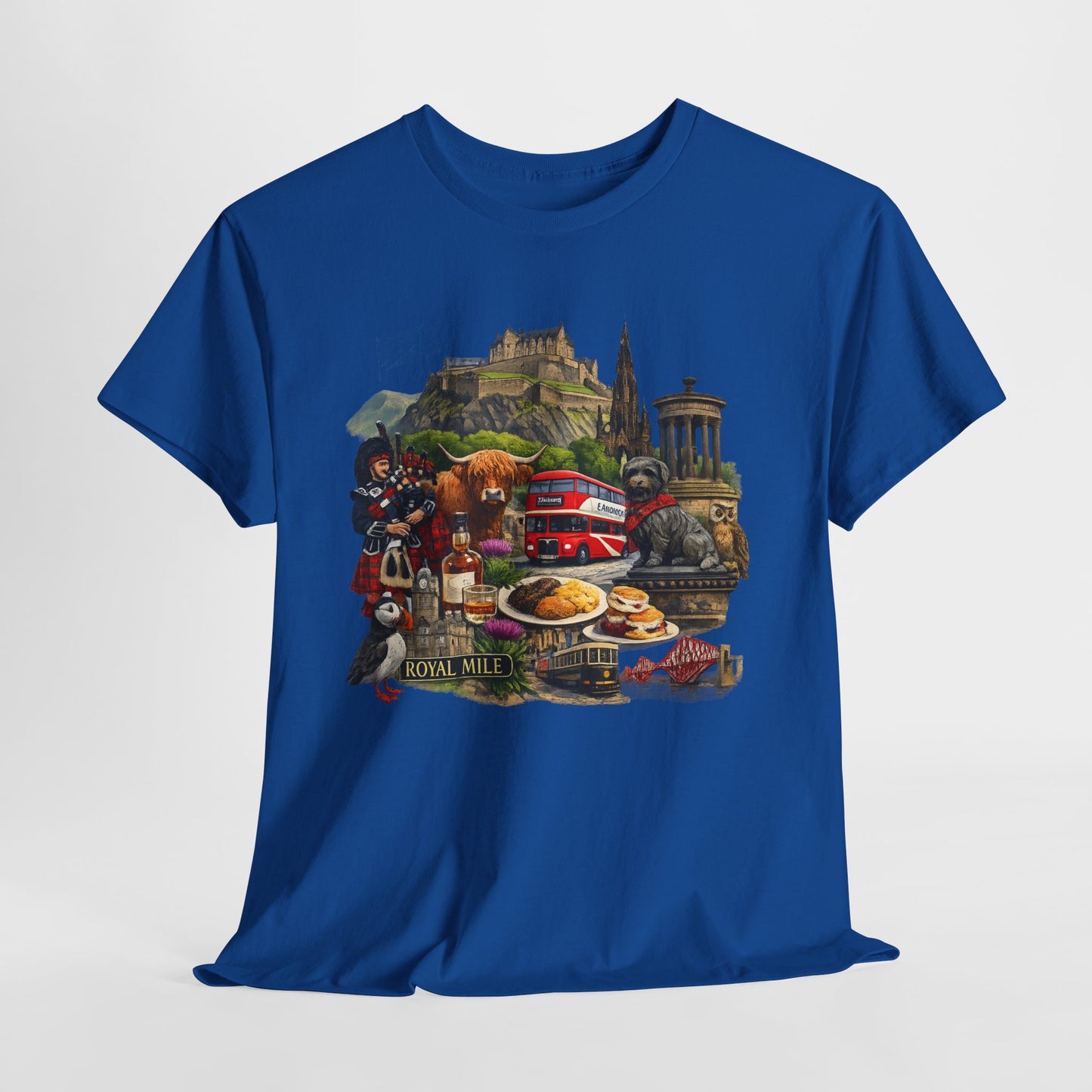 Scotland / Edinburgh Travel Collage T-Shirt — Edinburgh Castle, Bagpipes & Local Icons