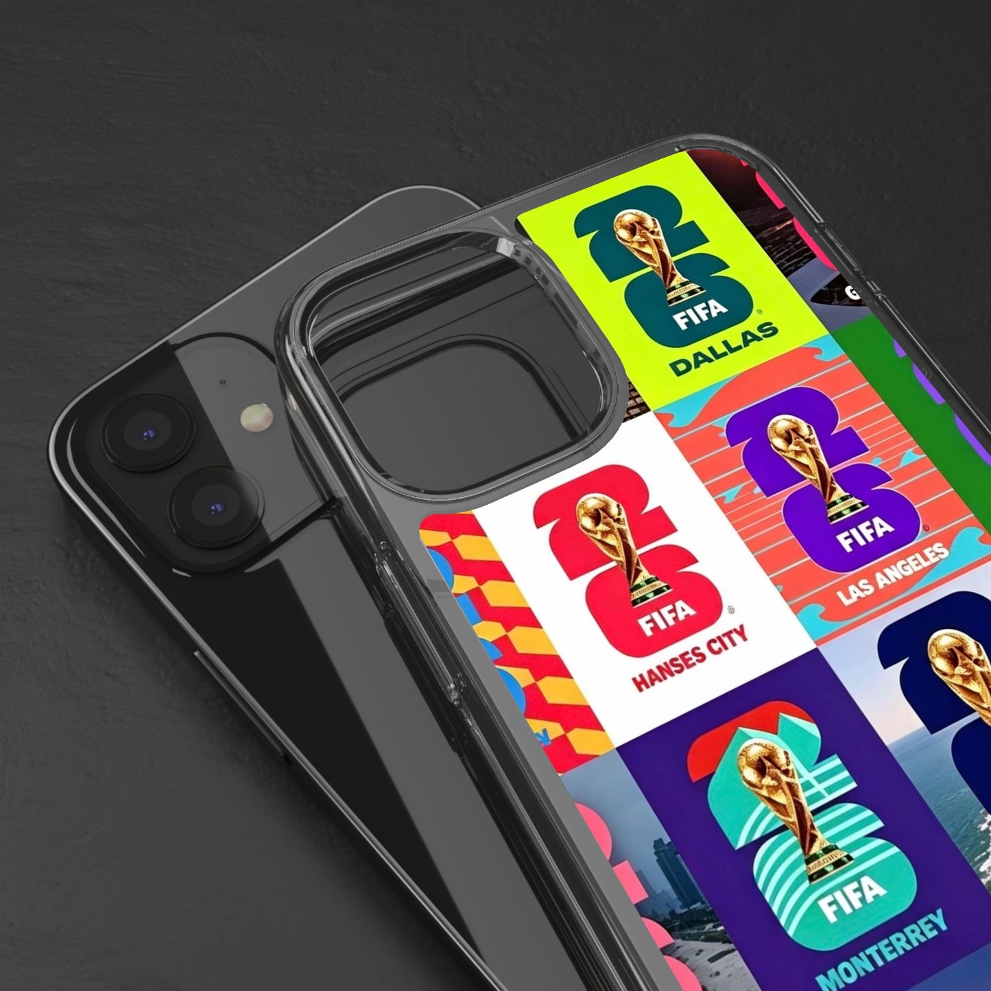 FIFA World Cup Pop Art Clear Phone Case — City Badge Collage (Dallas, LA, Monterrey, Toronto, Seattle)