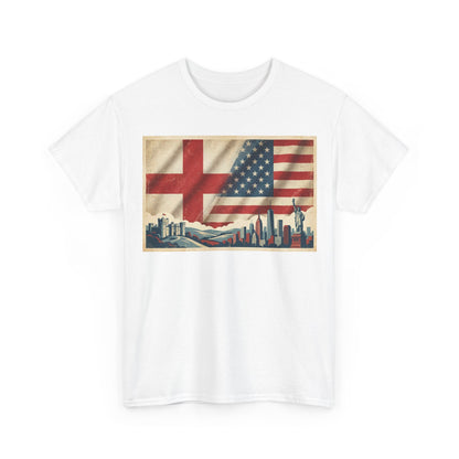 England + USA Flag Skyline T-Shirt — Vintage London & New York City Pride Tee