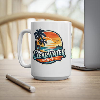 Clearwater Beach Sunset Ceramic Mug — Retro Palm Tree Coffee Cup (11oz & 15oz)