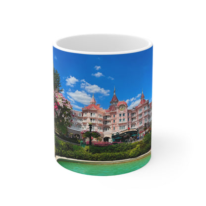 Disneyland Paris Pink Castle Photo Mug — Floral Park Scenic Coffee Cup (11oz, 15oz)