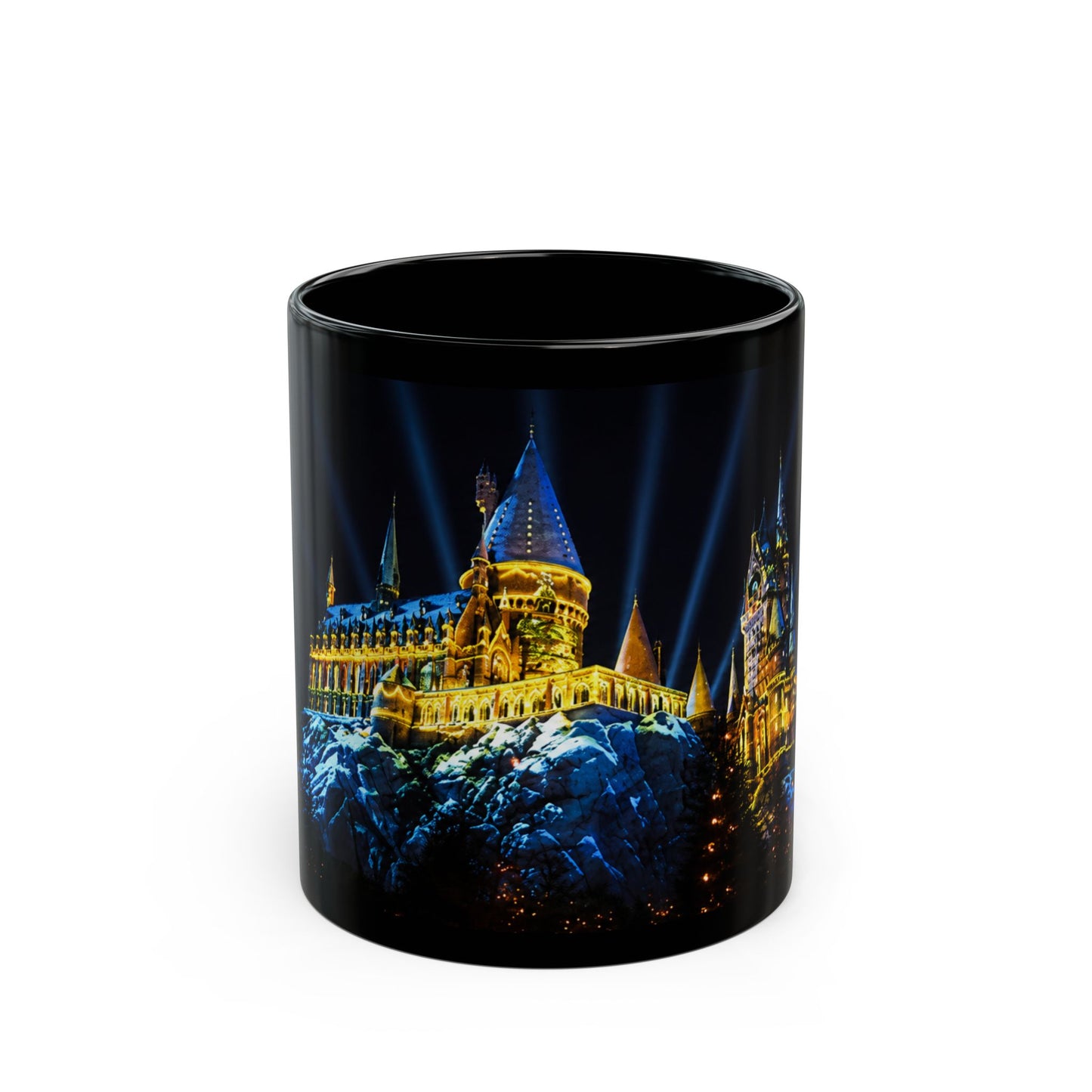 Hogwarts Night Castle Black Coffee Mug – Festive Illuminated Castle Panorama (11oz & 15oz)