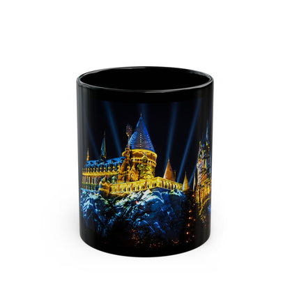 Hogwarts Night Castle Black Coffee Mug – Festive Illuminated Castle Panorama (11oz & 15oz)