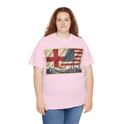 England + USA Flag Skyline T-Shirt — Vintage London & New York City Pride Tee
