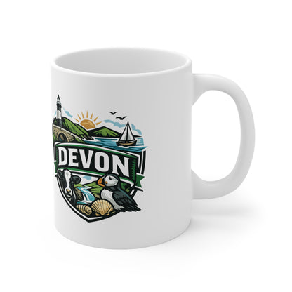 Devon Scenic Mug — Coastal Lighthouse, Puffin & Cow Ceramic Coffee Cup (11oz & 15oz)