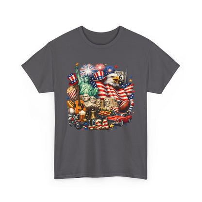 Patriotic USA Graphic Tee – American Flag, Statue of Liberty & Fireworks T-Shirt