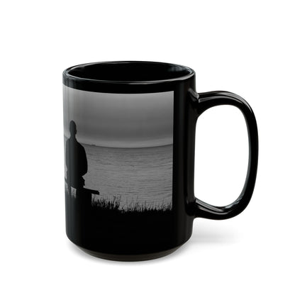Silhouette by the Sea Black Coffee Mug — Reflective Ocean Sunset Gift (11oz, 15oz)