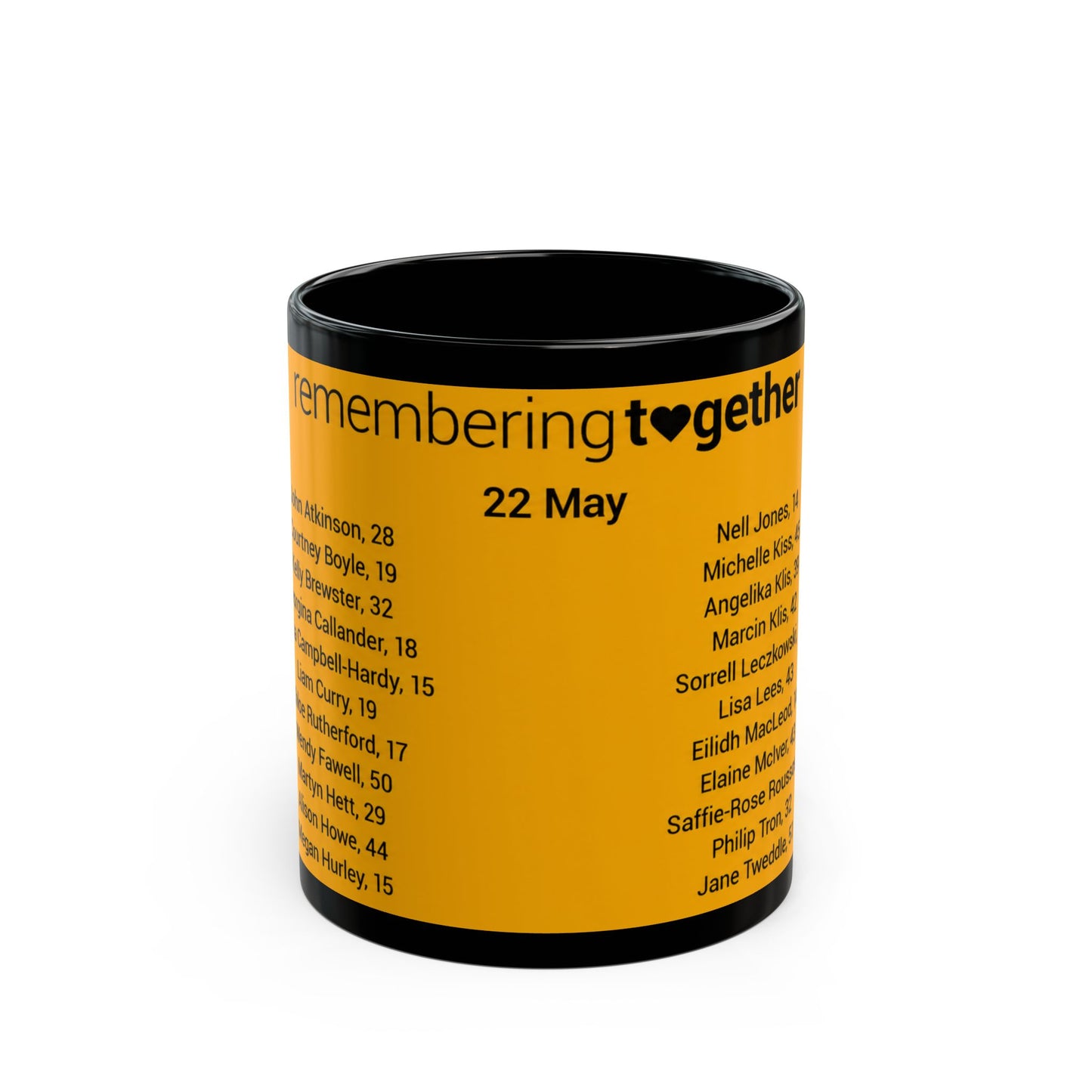 Manchester Arena Memorial Names Black Mug — "Remembering Together 22 May" Tribute Coffee Cup (11oz/15oz)