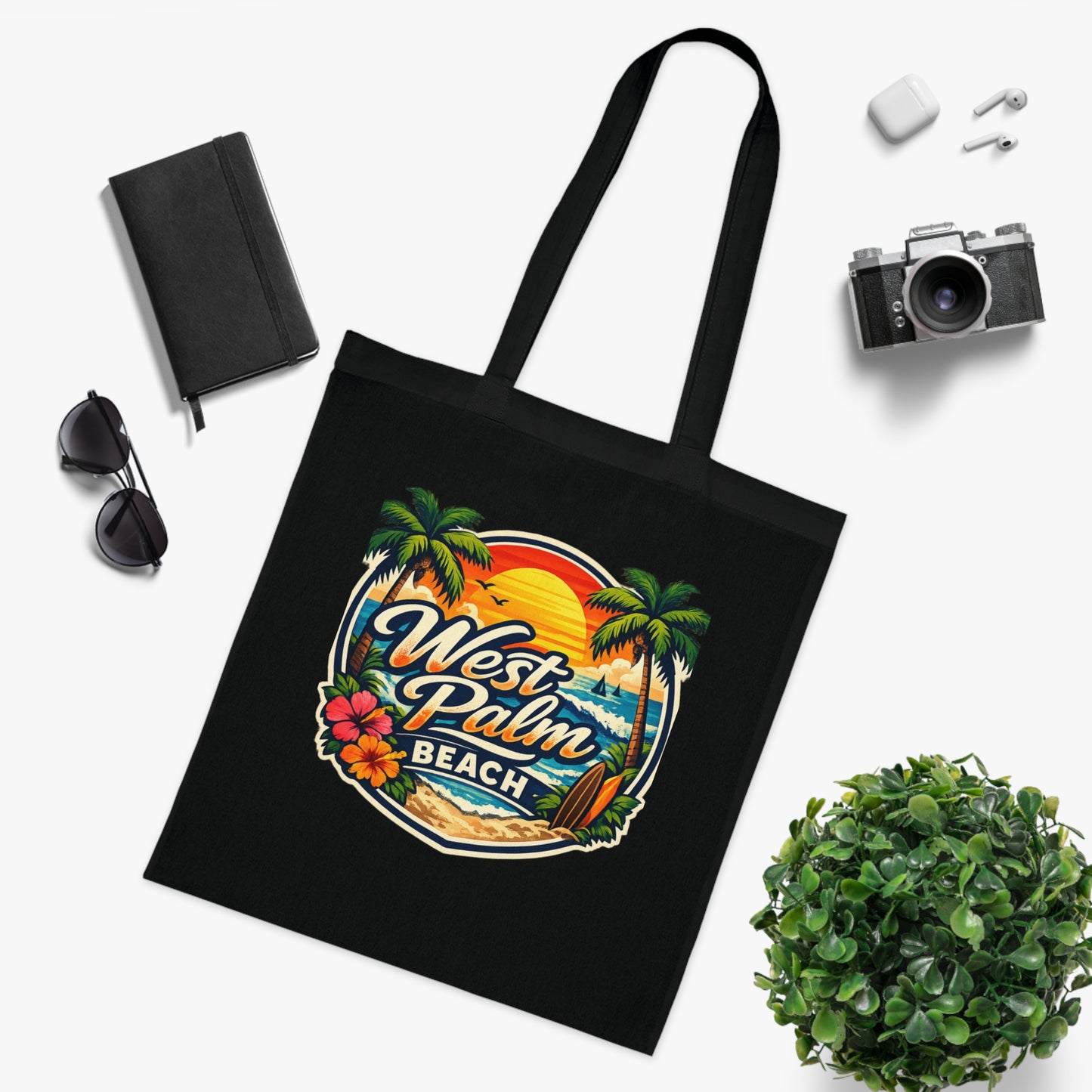 West Palm Beach Cotton Tote — Vintage Tropical Beach Palm Tree Design