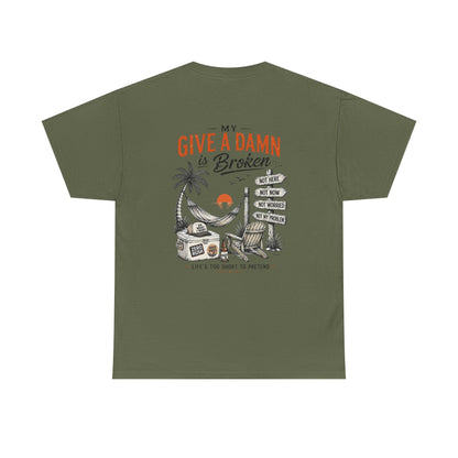 T-Shirt — “Too Old to Care” / “My Give a Damn is Broken” Vintage Beach Graphic Tee
