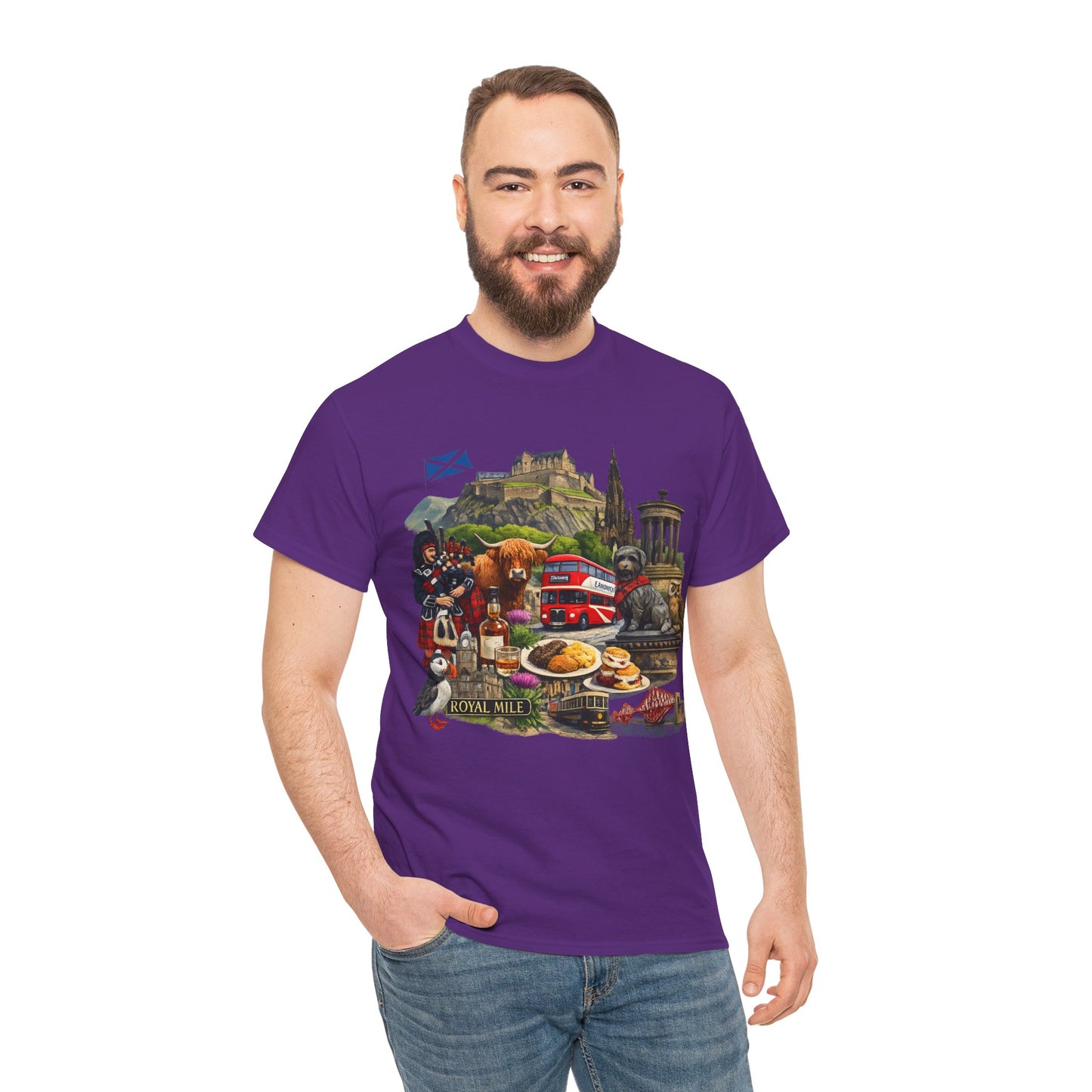 Scotland / Edinburgh Travel Collage T-Shirt — Edinburgh Castle, Bagpipes & Local Icons