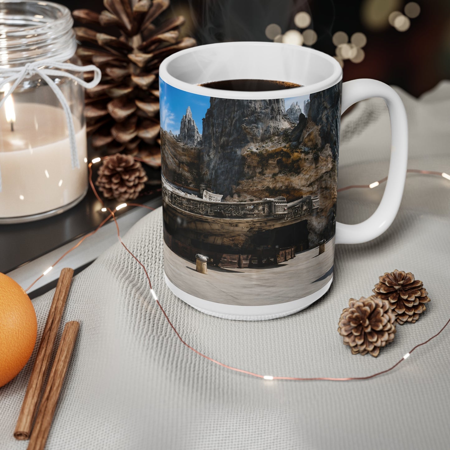 Falcon Spacecraft Ceramic Mug — Millennium-Style Starship Landscape 11oz/15oz
