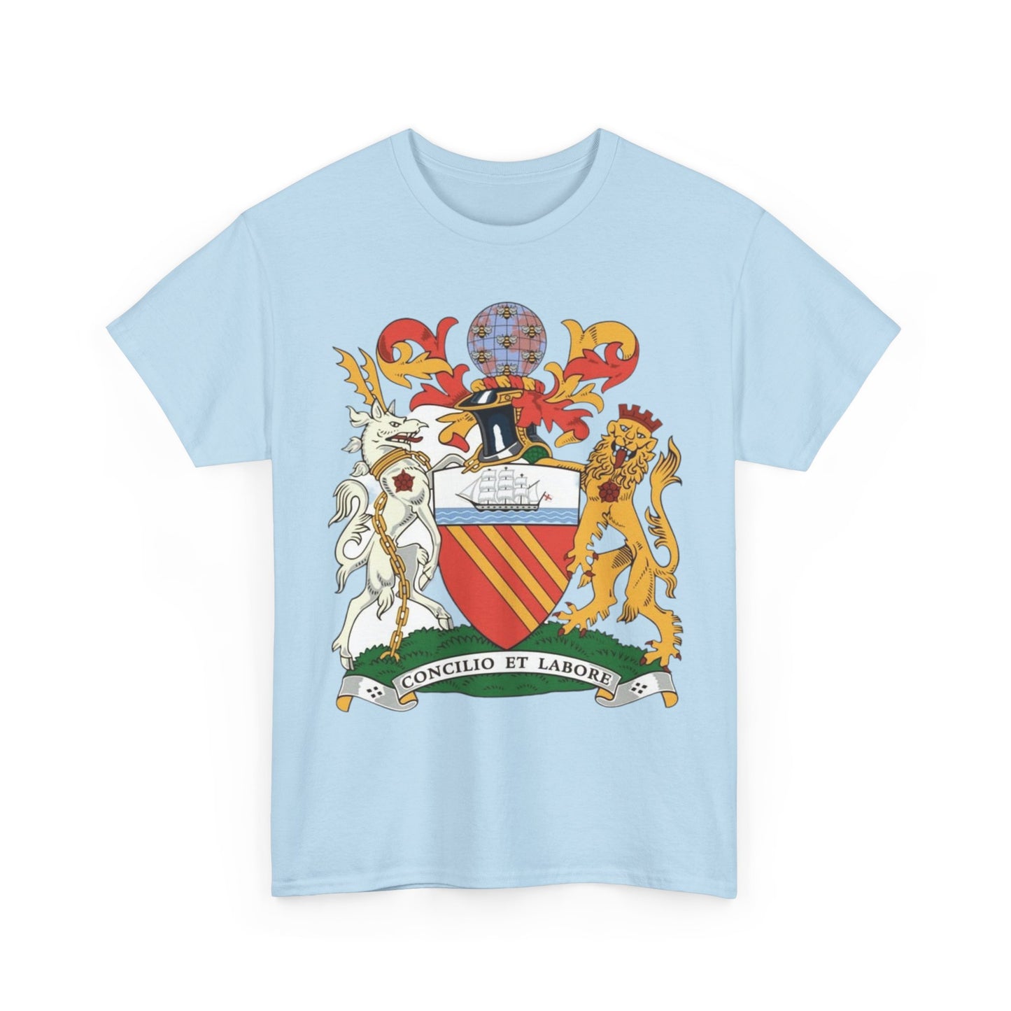Manchester Coat of Arms Crest T‑Shirt — Heraldic Family Shield Tee with 'Concilio et Labore' Banner