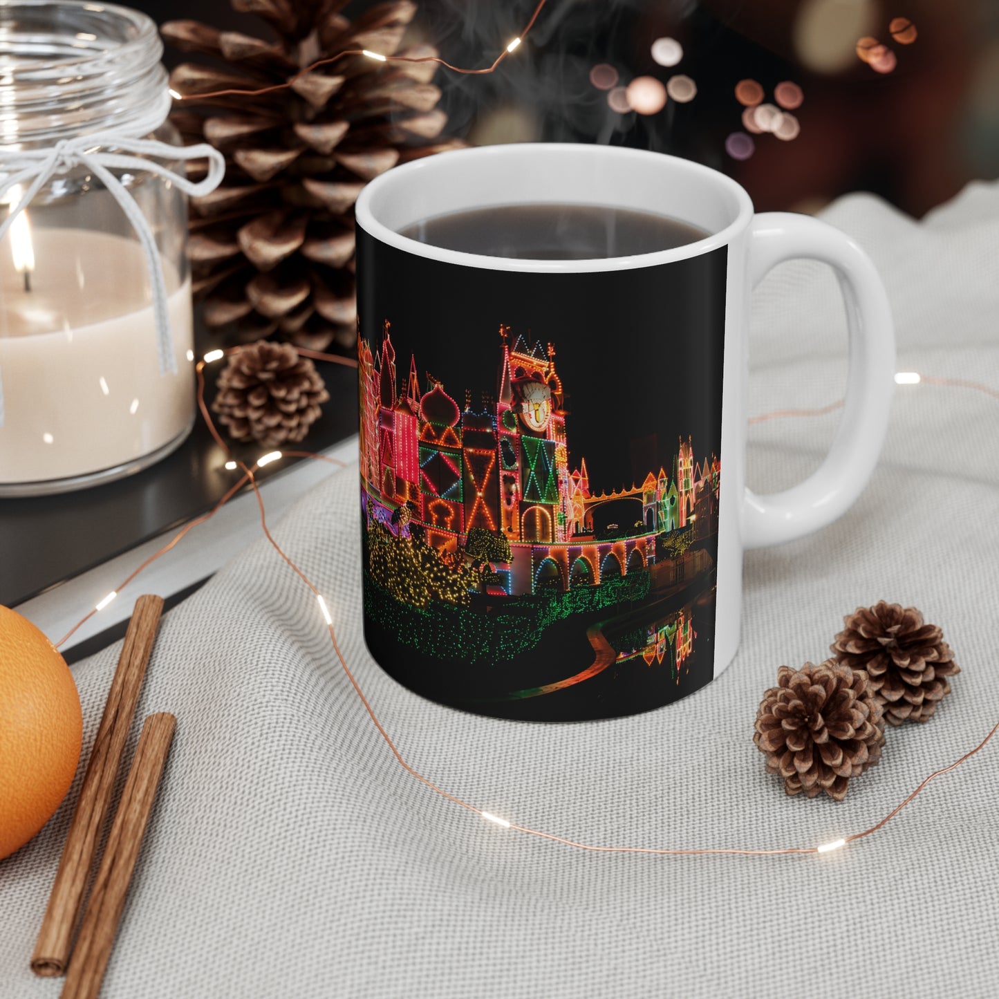 Disneyland It's a Small World Taken at night Ceramic Mug — Festive Neon Christmas Coffee Cup (11oz & 15oz)