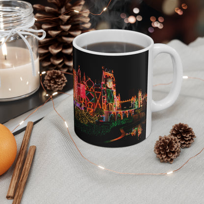 Disneyland It's a Small World Taken at night Ceramic Mug — Festive Neon Christmas Coffee Cup (11oz & 15oz)